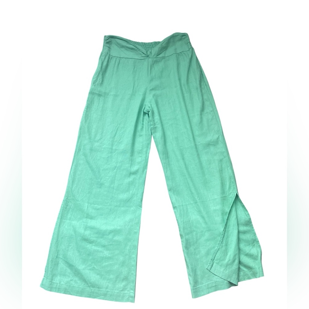 Indigo Rein Green Linen Blend Wide-Leg Pants with Side Slits – Size Large